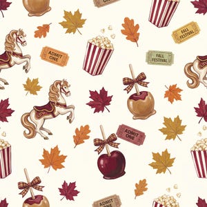 May include: A seamless pattern featuring illustrations of carousel horses, red and white striped popcorn containers, caramel and candy apples with plaid bows, autumn leaves in shades of red, orange, and gold, and tickets labeled ADMIT ONE or FALL FESTIVAL.