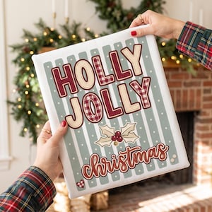 Retro Holly Jolly Christmas PNG, design per maglietta natalizia, lettere con paillettes a quadri in ciniglia, download digitale DTF per sublimazione color salvia bordeaux