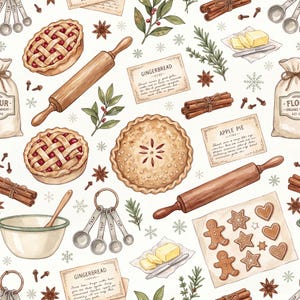 May include: A repeating pattern featuring illustrations of lattice-top fruit pies, wooden rolling pins, metal measuring spoons, mixing bowls, flour bags, butter, cinnamon sticks, star anise, sprigs of greenery, and recipe cards for gingerbread and apple pie.