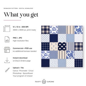 Motivo patchwork autunnale blu senza cuciture, carta digitale con trapunta di zucche e ghiande blu navy, sfondo floreale autunnale a quadretti, carta da regalo immagine 2