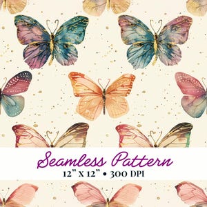 May include: A seamless pattern featuring watercolor butterflies in shades of blue, pink, orange, and gold. The butterflies are scattered across a cream-colored background with gold speckles. The text "Seamless Pattern" is displayed below the butterflies, along with the dimensions 12" x 12" and 300 DPI.