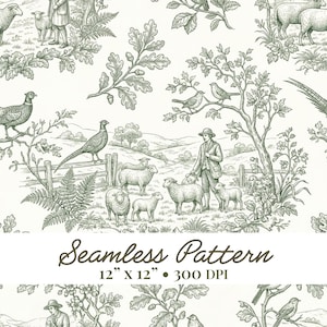Green Toile de Jouy Seamless Pattern, Vintage Pastoral Farm, Sheep Cottagecore Tile (Digital Download)