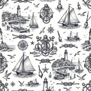 May include: A seamless pattern featuring black and white nautical illustrations including lighthouses, sailboats, anchors, compass roses, seagulls, rope knots, and buoys. The detailed line art depicts coastal scenes with docks and small houses.