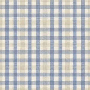 May include: A textile fabric featuring a repeating plaid pattern composed of intersecting horizontal and vertical lines in shades of muted blue and light beige. The weave displays a consistent grid structure with a visible texture throughout the surface.