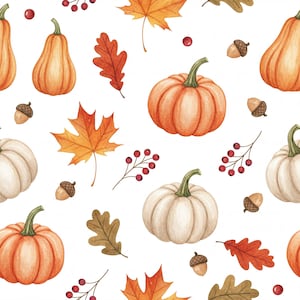 May include: A repeating pattern featuring watercolor illustrations of orange and white pumpkins, brown oak leaves, orange maple leaves, small brown acorns, and sprigs of red berries on a plain white background. The design is festive and seasonal.
