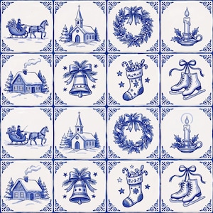 May include: A grid of sixteen square tiles featuring blue and white illustrations of winter scenes. Designs include a horse-drawn sleigh, a snow-covered church, a holiday wreath, a lit candle, a house, a bell, a stocking, and ice skates.