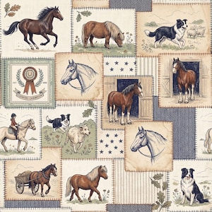 Naadloos patchworkpatroon met boerderijpaard, digitaal papier, sublimatie, print-on-demand, stof, commercieel gebruik