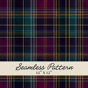 Puede incluir: Patrón de cuadros escoceses sin costuras con cuadros en azul oscuro, verde, morado y dorado. El texto "Seamless Pattern" se muestra en una pancarta crema, con dimensiones de 30,48 cm x 30,48 cm.