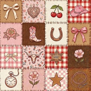 Puede incluir: Un diseño de colcha de retazos con dieciséis cuadrados que muestran ilustraciones de lazos, un relicario de corazón, cerezas, un sombrero de vaquero rosa, una rosa, una bota, una herradura, un cráneo de longhorn, una estrella de sheriff, flores, un reloj de bolsillo y un lazo.
