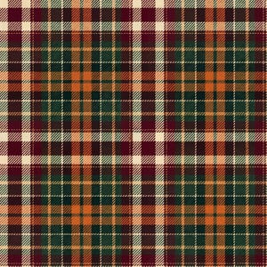 May include: A repeating plaid fabric pattern featuring intersecting horizontal and vertical lines in shades of deep burgundy, forest green, and burnt orange, accented by thin, crisp white stripes that create a balanced, symmetrical grid design.