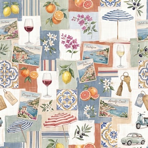 May include: A fabric pattern featuring Italian coastal scenes, postcards labeled Positano, Cinque Terre, Portofino, and Amalfi Coast, wine glasses, citrus fruits, bougainvillea, striped umbrellas, hotel keys, ceramic tiles, a scooter, and a car.