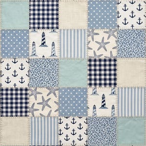 May include: A patchwork design featuring various nautical patterns. Squares include blue and white polka dots, stripes, gingham, anchors, starfish, and lighthouse motifs. The squares are stitched together with visible thread.