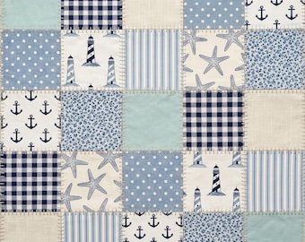 Nautical Patchwork Seamless Pattern, Coastal Quilt Digital Paper, Beach Faux Fabric Print PNG