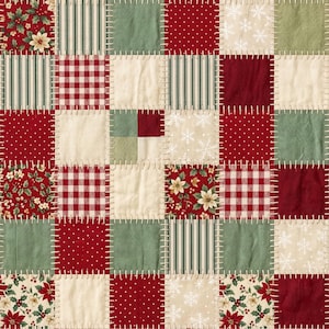 Motif sans couture patchwork de Noël, papier numérique de courtepointe de vacances, flocon de neige poinsettia, simili tissu vintage PNG
