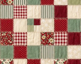 Patrón navideño de patchwork sin costuras, papel digital para colcha navideña, copo de nieve de flor de Pascua, PNG de tela sintética vintage