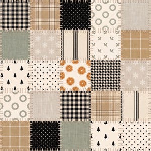 May include: A patchwork fabric design featuring a grid of square patterns including black and white buffalo check, tan plaid, black polka dots, green wreaths, snowflakes, black stripes, holly leaves, orange citrus slices, and black pine trees.