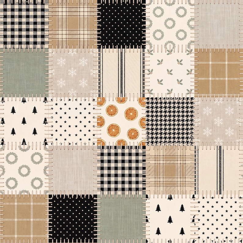 Patchwork Christmas Seamless Pattern, Neutral Beige Black Quilt Digital Paper, Pine Tree Orange Slice Houndstooth Plaid, Farmhouse Gift Wrap image 1