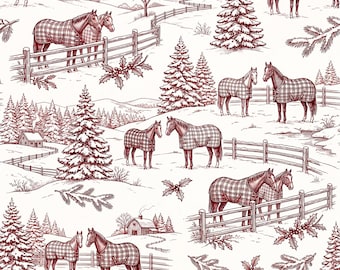 Winter Horse Toile Seamless Pattern, Burgundy Cream Equestrian Digital Paper, Plaid Blanket Farmhouse Scene, Gift Wrap