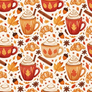 May include: A repeating pattern featuring mugs of coffee topped with whipped cream, croissants, cinnamon sticks, acorns, star anise, and autumn leaves in shades of red, orange, and yellow on a light cream-colored background.