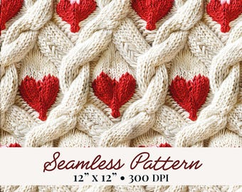 May include: A seamless pattern featuring a cream-colored cable knit texture with repeating red heart shapes. A white banner at the bottom displays the text Seamless Pattern 12" x 12" • 300 DPI in a dark red script and serif font.