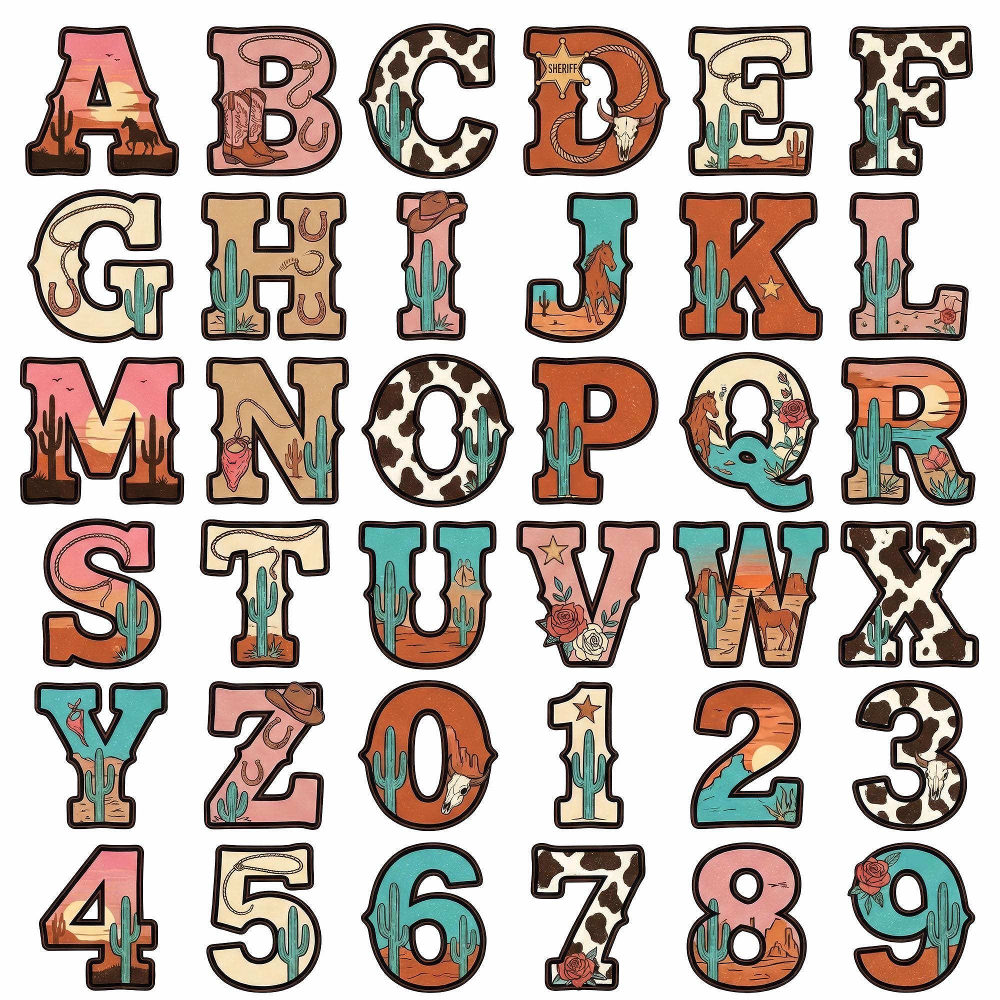 Western Cowgirl Alphabet PNG Bundle, Rodeo Letter Set A-Z + Numbers ...