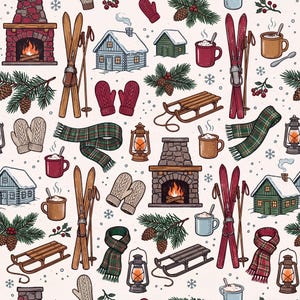 May include: A repeating pattern featuring winter-themed illustrations including stone fireplaces with fires, wooden cabins, pairs of skis with poles, sleds, plaid scarves, mittens, lanterns, pine branches with cones, and mugs of hot cocoa.