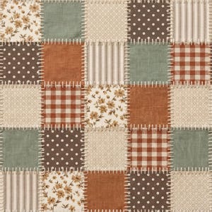 May include: A patchwork design featuring squares of various patterns and colors. The squares include floral, polka dot, plaid, and striped patterns in shades of brown, beige, and green, stitched together with white thread.