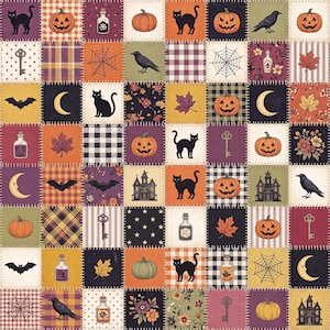 May include: A patchwork fabric design featuring a grid of squares with Halloween motifs including black cats, jack-o'-lanterns, ravens, bats, spider webs, crescent moons, haunted houses, keys, potion bottles, and autumn leaves in orange, purple, and black.