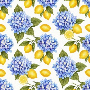 May include: A repeating pattern featuring watercolor illustrations of bright yellow lemons and clusters of blue hydrangea flowers with green leaves on a white background. The design includes whole lemons and one sliced lemon cross-section.