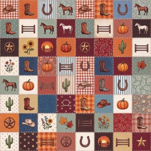 Könnte beinhalten: Ein Patchwork-Steppmuster mit sich wiederholenden Illustrationen zum Thema Western, darunter Cowboystiefel, Pferde, Kürbisse, Kakteen, Hufeisen, Cowboyhüte, Sonnenblumen, Holzzäune, Sterne und Herbstblätter in einem Raster aus bunten Quadraten.