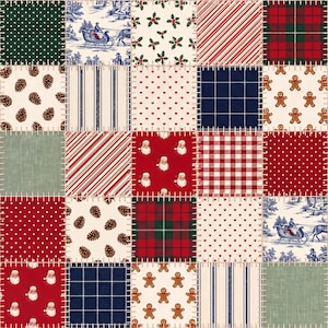 May include: A patchwork fabric design featuring a grid of squares with various holiday patterns including pinecones, gingerbread men, Santa Claus faces, red and white stripes, green and red plaid, and blue and white winter scenes.