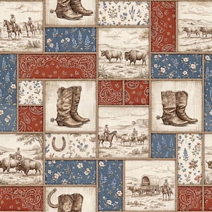 May include: A fabric pattern featuring a patchwork grid of western-themed illustrations, including cowboy boots with spurs, bison, horses, riders, covered wagons, horseshoes, and floral motifs in shades of red, blue, cream, and brown.