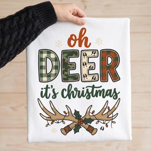 Oh Deer Christmas PNG, Festive Hunting Typography, Patchwork Camo Plaid Deer Antlers Holly Lights, Rustic, Print on Demand Commercial Use