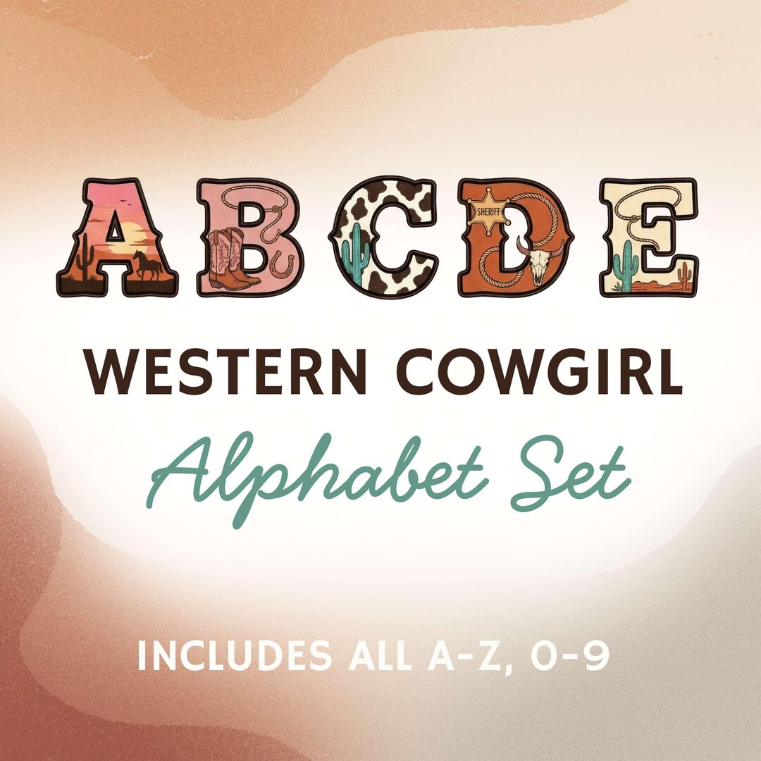 Western Cowgirl Alphabet PNG Bundle, Rodeo Letter Set A-Z + Numbers ...