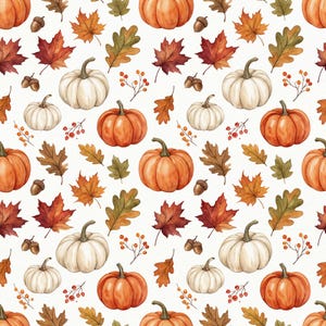 Watercolor Pumpkin Seamless Pattern, Fall Leaves Digital Paper, Autumn Thanksgiving, Fabric Print PNG