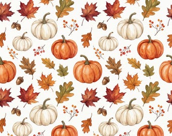 Watercolor Pumpkin Seamless Pattern, Fall Leaves Digital Paper, Autumn Thanksgiving, Fabric Print PNG