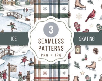 Ice Skating Seamless Pattern Bundle, Winter Village Digital Paper, Christmas Plaid PNG, Cozy Holiday Scrapbook Paper