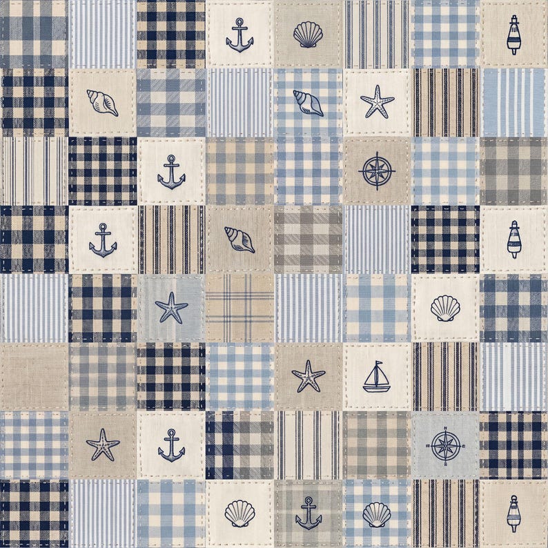 Nautical Patchwork Seamless Pattern, Digital Paper, Sublimation, POD, Fabric, Scrapbook Paper, Commercial Use image 1