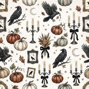 May include: A seamless pattern featuring black ravens, orange and white pumpkins, lit candelabras with black bows, framed illustrations of ravens, crescent moons, wheat stalks, and small stars on a light cream background with scattered autumn leaves.