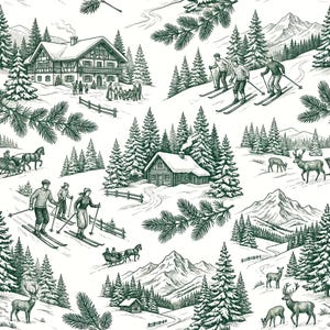May include: A seamless pattern featuring dark green ink illustrations on a white background depicting a winter landscape with snow-covered mountains, pine trees, wooden cabins, people skiing, horse-drawn sleighs, and deer in a forest setting.