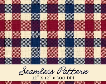 Red White Blue Plaid Seamless Pattern, Patriotic American Buffalo Check Digital Paper, July 4th