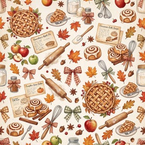 May include: A repeating pattern featuring illustrations of apple pies, cinnamon rolls, rolling pins, whisks, recipe cards labeled Grandma's Apple Pie, Cinnamon Rolls Recipe, and Pumpkin Spice Bakes, autumn leaves, acorns, and plaid bows.