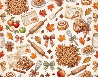 Fall Baking Seamless Pattern, Apple Pie Cinnamon Roll Digital Paper, Cottagecore Kitchen Sublimation Design, Autumn Recipe Fabric PNG