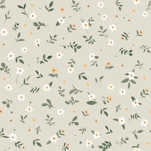 May include: A repeating pattern of white daisy-like flowers with yellow centres, small orange buds, and green leaves on a light beige backdrop. The floral design creates a delicate and natural aesthetic, suitable for various applications.