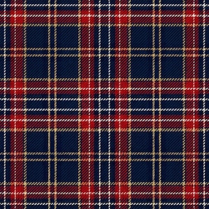 May include: A seamless plaid pattern in navy blue, red, white, and gold. The design features intersecting vertical and horizontal lines, creating a classic tartan effect. The fabric has a textured appearance.