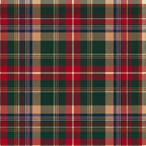 May include: A textile fabric featuring a classic tartan plaid pattern. The design consists of intersecting horizontal and vertical stripes in deep forest green, vibrant red, and soft tan, accented by thin white and dark navy blue pinstripes.
