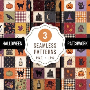 Könnte beinhalten: Eine digitale Grafik mit einem Raster aus Halloween-Patchwork-Quadraten. Die Quadrate zeigen Illustrationen von Kürbissen, schwarzen Katzen, Spukhäusern, Hexenhüten, Zuckermais, Monden und Zaubertränken, mit dem Text 3 SEAMLESS PATTERNS PNG + JPG.