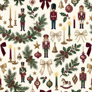 May include: A seamless pattern featuring Christmas motifs on a cream background, including nutcracker soldiers, pine branches with pinecones, holly sprigs, lit taper candles in gold holders, gold bells, bows, and various ornate holiday ornaments.