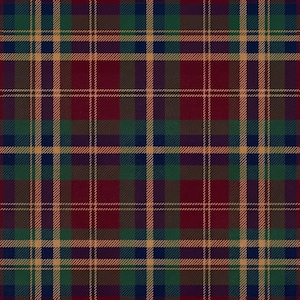 May include: A seamless plaid pattern in a traditional style. The design features intersecting lines in a grid pattern, with colors including burgundy, green, navy blue, and tan. The fabric has a textured appearance, suitable for apparel or home decor.