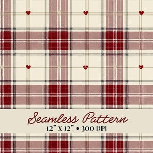Puede incluir: Un patrón de cuadros sin costuras en crema, burdeos y gris, con pequeños acentos de corazón rojo. El diseño presenta un diseño de cuadrícula clásico con líneas que se cruzan. Se muestra el texto "Seamless Pattern", junto con las dimensiones 30,48 cm x 30,48 cm.